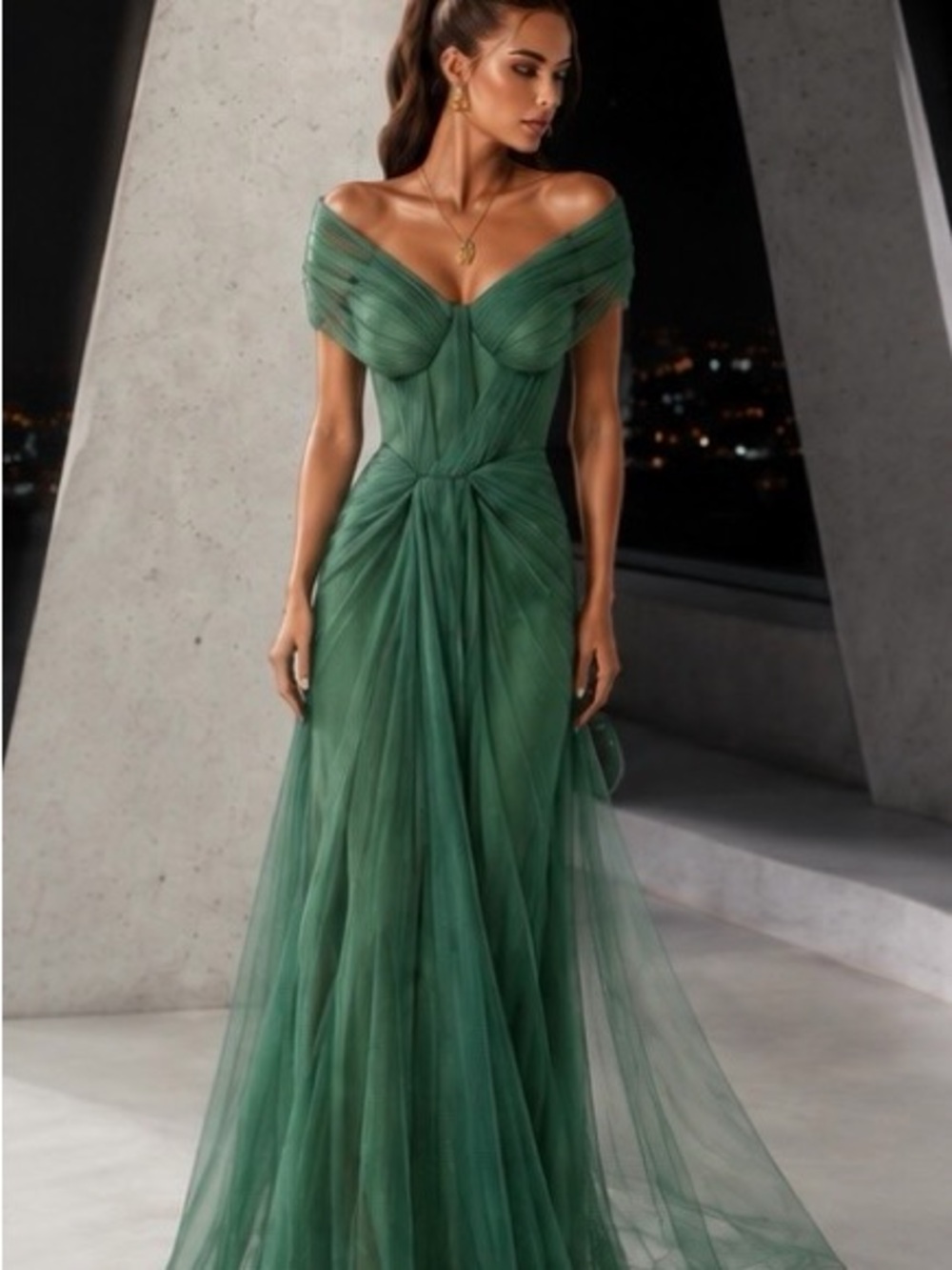 Elegant Off-Shoulder Green Tulle Evening Gown